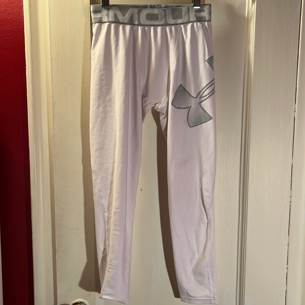 White Under Armour Sports Leggings Size M Elastic Under Armor Band and Mesh Legs